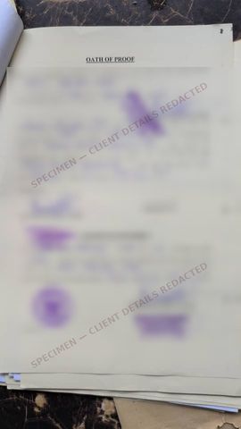 Redacted Oath of Proof page from a registered land lease instrument. All names, dates and signatures are obscured.